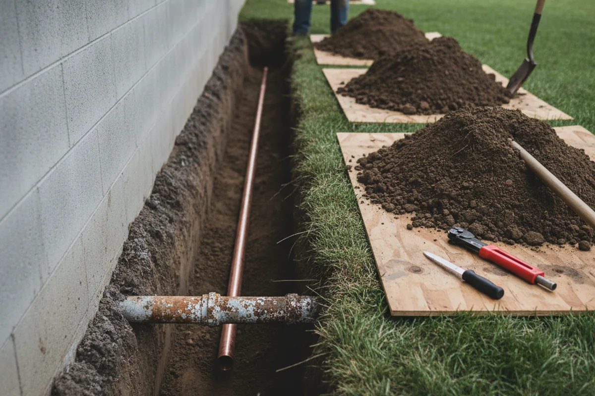Excavated water line trench during Sewer Line Repair in Oregon